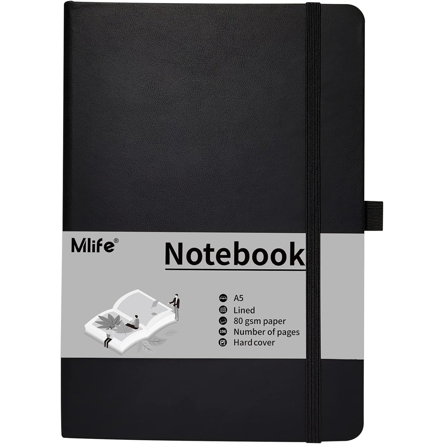 Lined A5 Notebook with Pen Holder Black 192 Pages for School and Office
