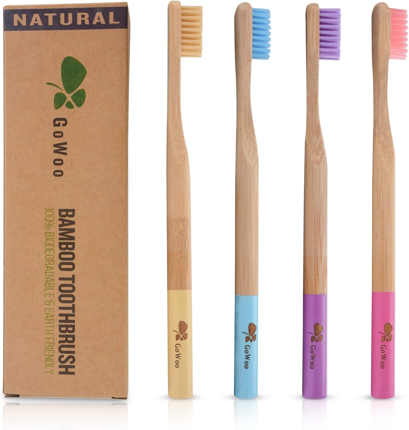 4 Pack Eco-Friendly Toothbrushes with Soft Nylon Bristles and Wooden Handle